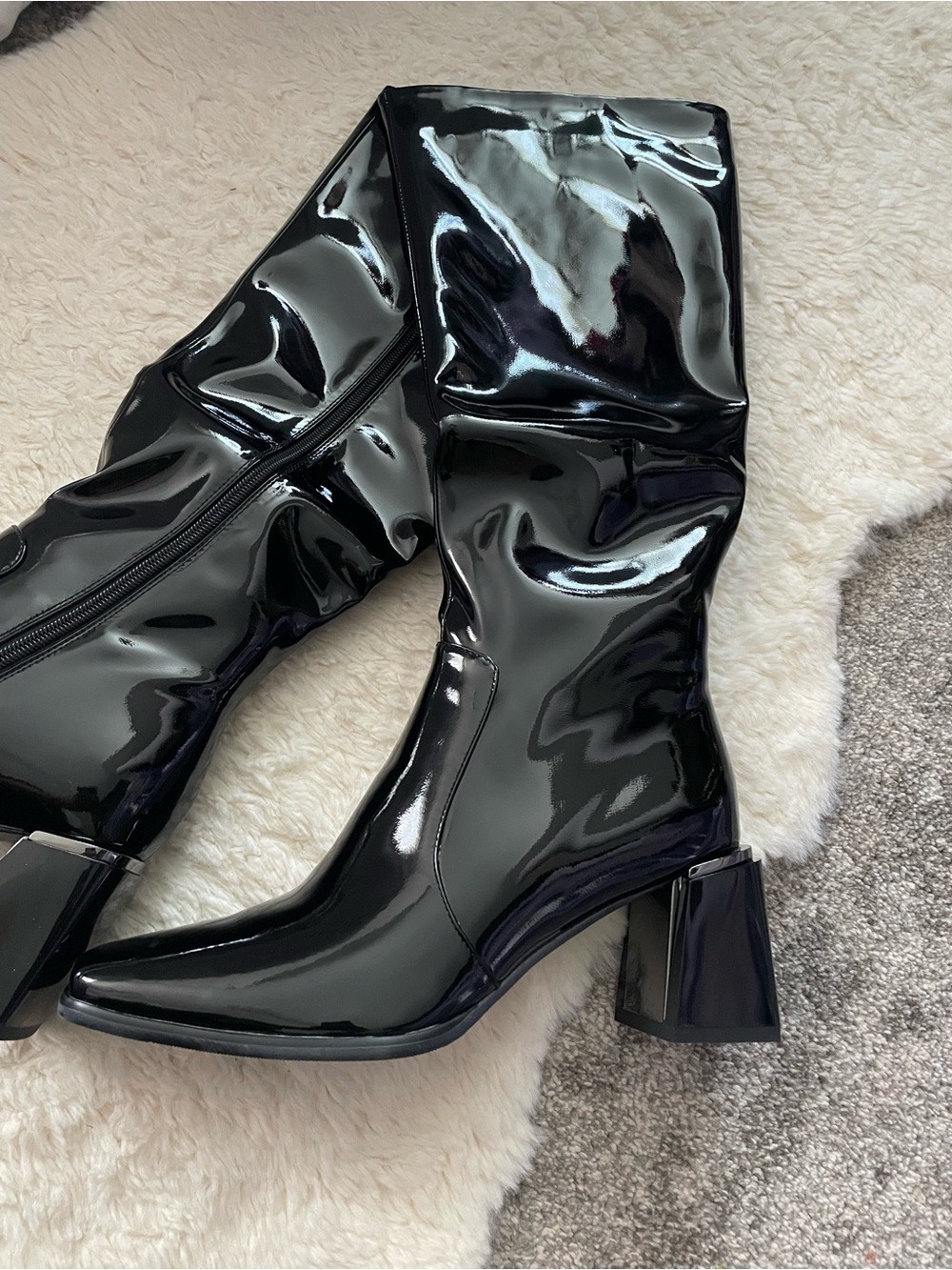 Women’s Chunky Cole Block Square Toe Patent PU knee High boots - Picture 7 of 16